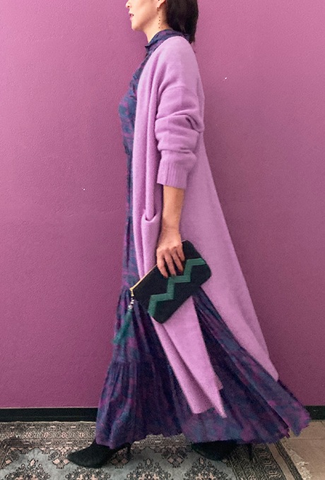 Wool Long Knit Gown Velvet Button Rose Pink