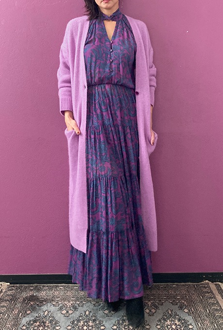 Wool Long Knit Gown Velvet Button Rose Pink