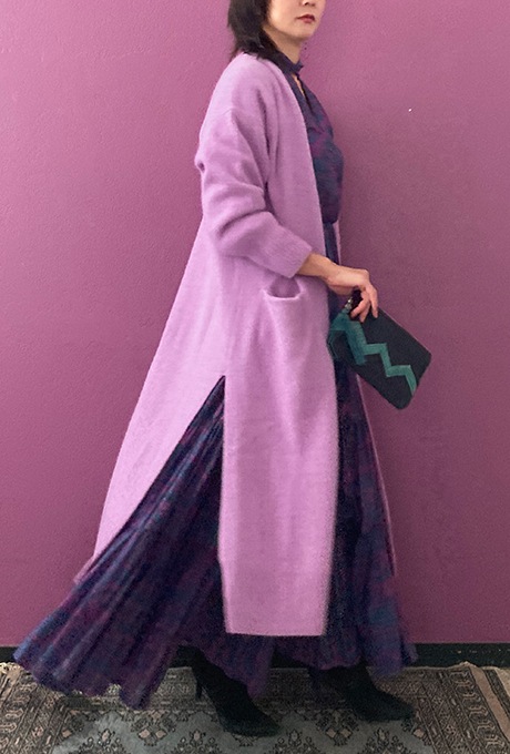 Wool Long Knit Gown Velvet Button Rose Pink