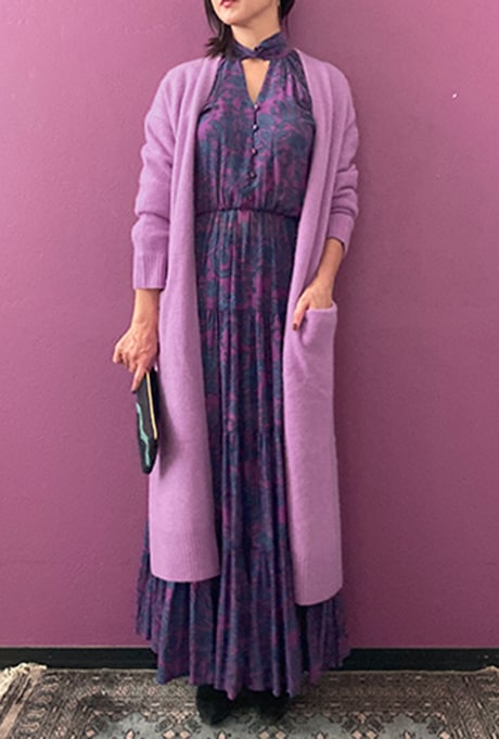 Wool Long Knit Gown Velvet Button Rose Pink