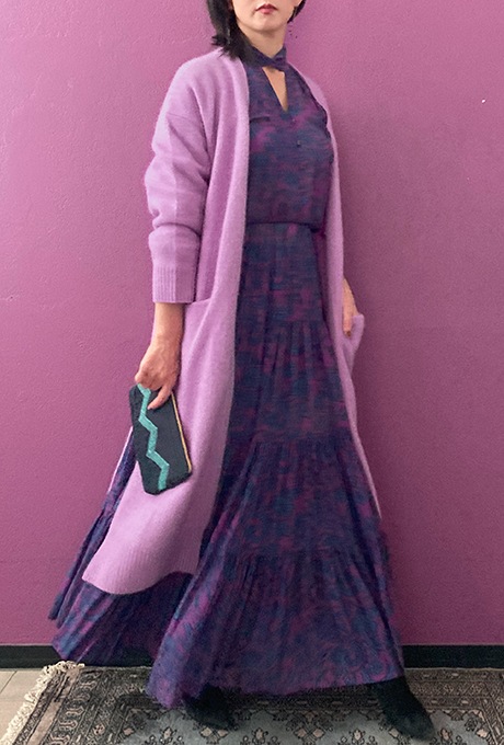 Wool Long Knit Gown Velvet Button Rose Pink
