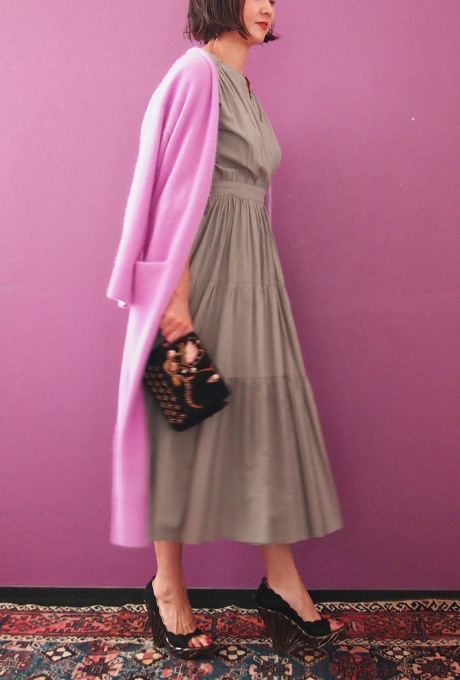 Wool Long Knit Gown Velvet Button Rose Pink