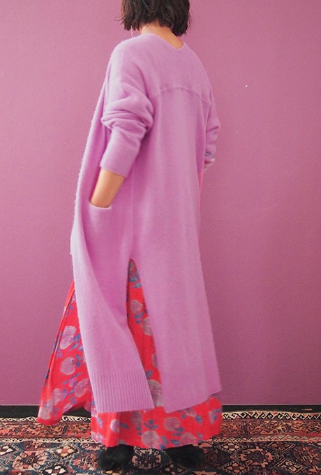 Wool Long Knit Gown Velvet Button Rose Pink