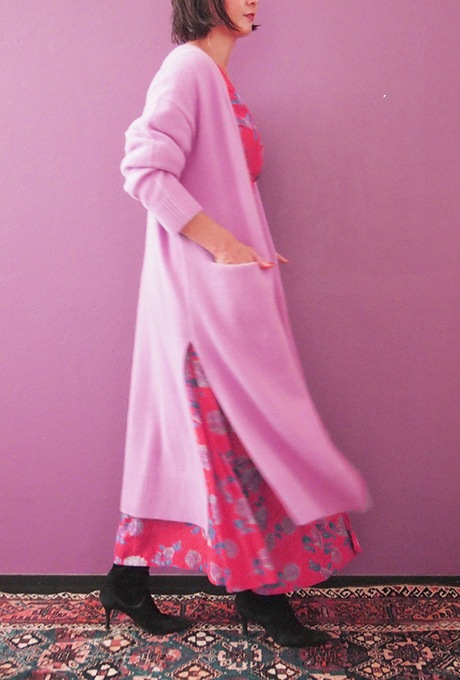 Wool Long Knit Gown Velvet Button Rose Pink