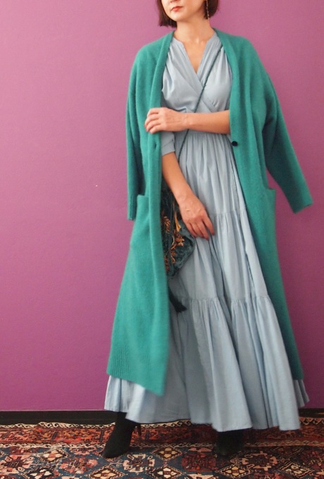 Wool Long Knit Gown Velvet Button