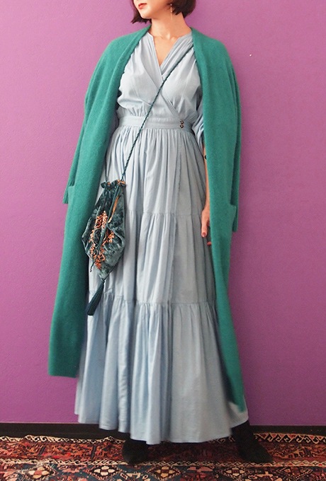 Wool Long Knit Gown Velvet Button