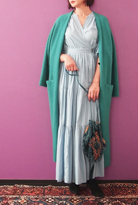 Wool Long Knit Gown Velvet Button