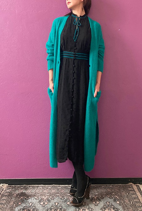 Wool Long Knit Gown Velvet Button