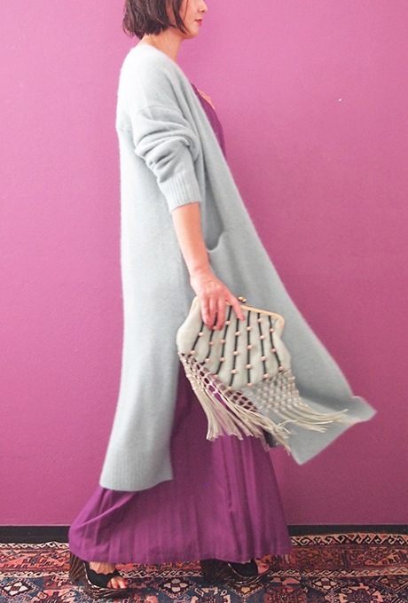 Wool Long Knit Gown Velvet Button Mint