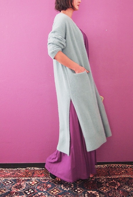 Wool Long Knit Gown Velvet Button Mint
