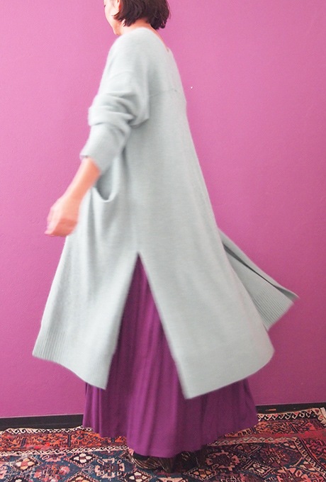 Wool Long Knit Gown Velvet Button Mint