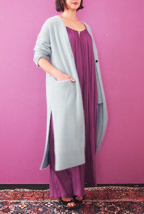 Wool Long Knit Gown Velvet Button Mint