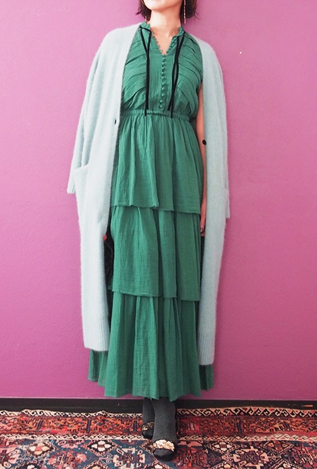 Wool Long Knit Gown Velvet Button Mint