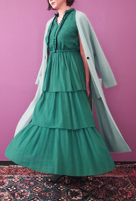 Wool Long Knit Gown Velvet Button Mint