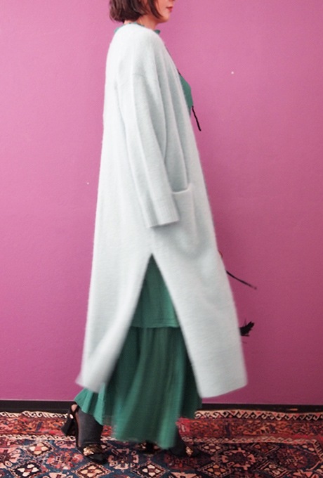 Wool Long Knit Gown Velvet Button Mint