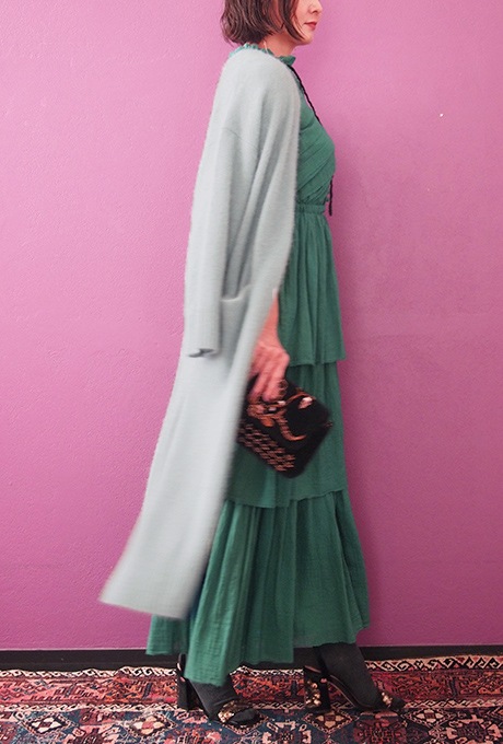 Wool Long Knit Gown Velvet Button Mint