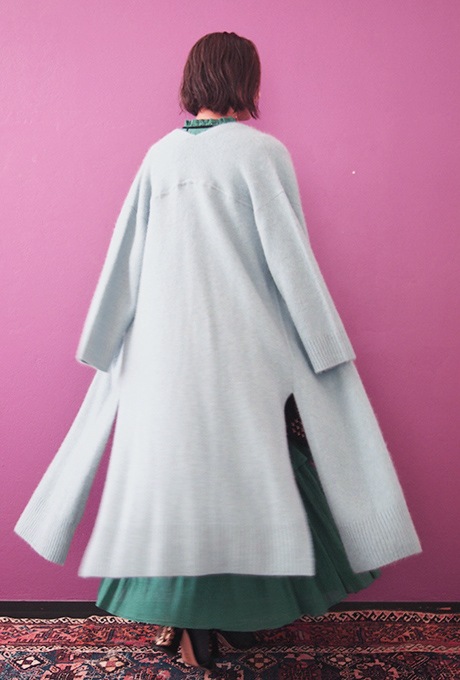 Wool Long Knit Gown Velvet Button Mint