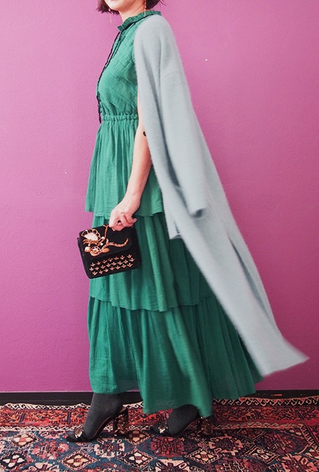 Wool Long Knit Gown Velvet Button Mint