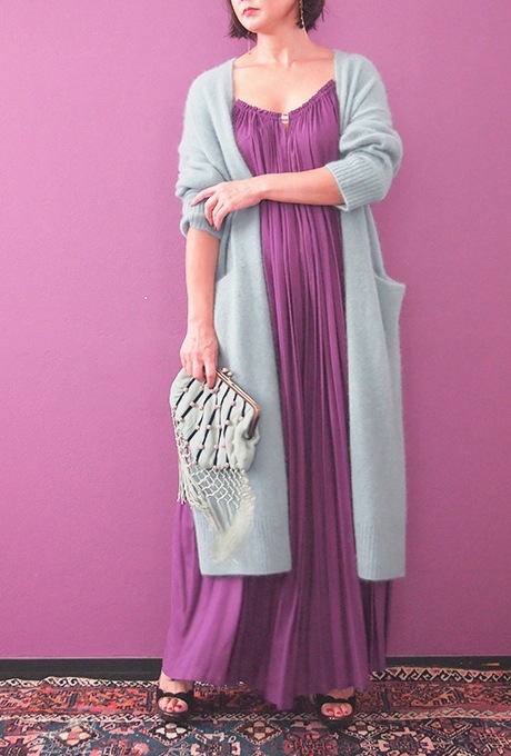 Wool Long Knit Gown Velvet Button Mint