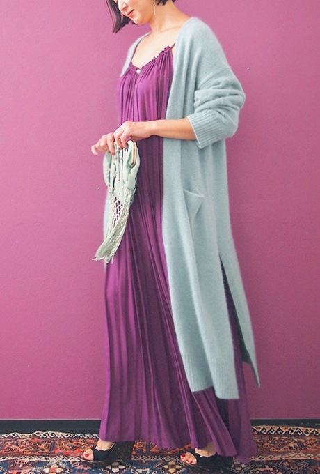 Wool Long Knit Gown Velvet Button Mint