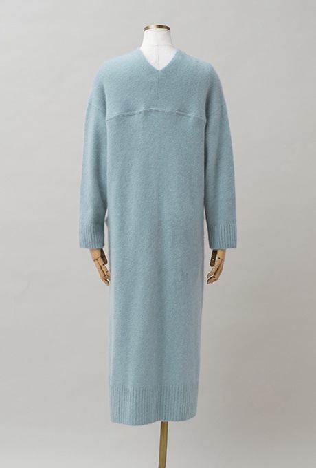 Wool Long Knit Gown Velvet Button Mint