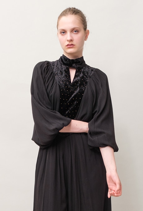 Rayon Crape Velvet Beaded High Neck Salopette