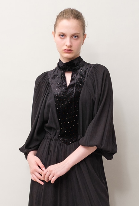 Rayon Crape Velvet Beaded High Neck Salopette