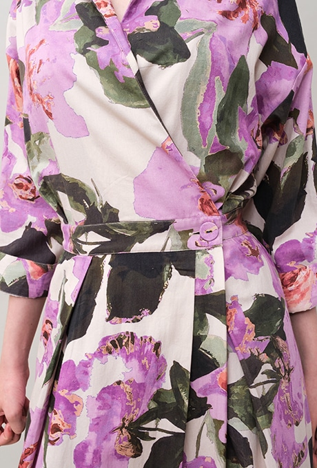 Flower Print Cotton Wrap Long Dress 