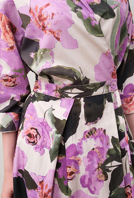 Flower Print Cotton Wrap Long Dress 