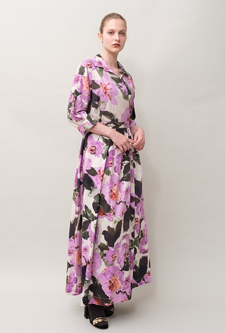 Flower Print Cotton Wrap Long Dress 