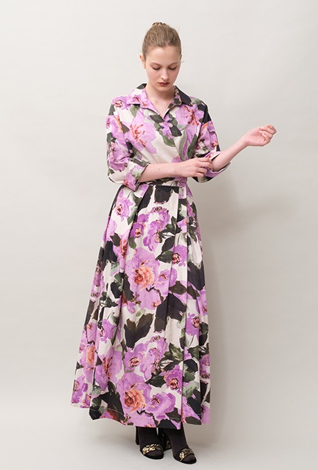 Flower Print Cotton Wrap Long Dress 