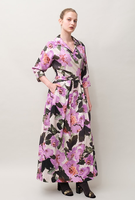 Flower Print Cotton Wrap Long Dress 
