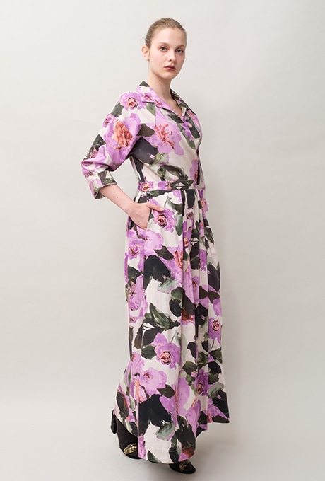 Flower Print Cotton Wrap Long Dress 
