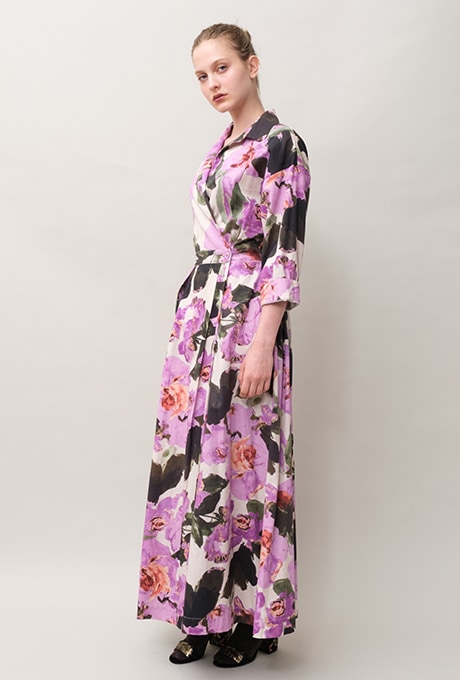 Flower Print Cotton Wrap Long Dress 
