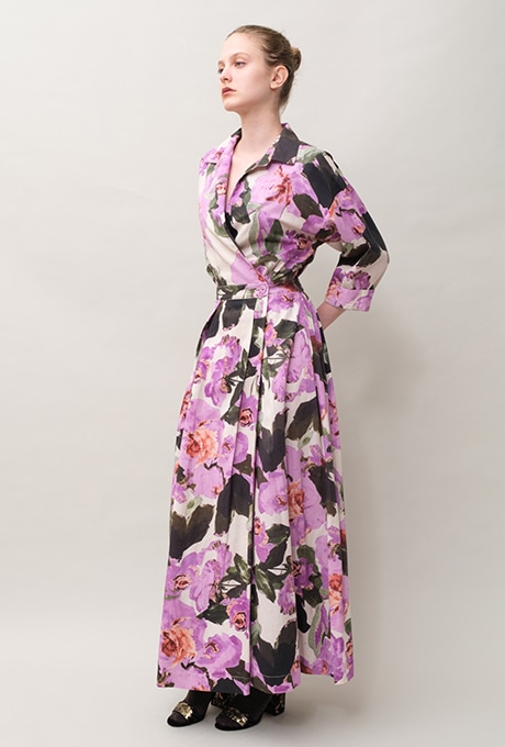 Flower Print Cotton Wrap Long Dress 