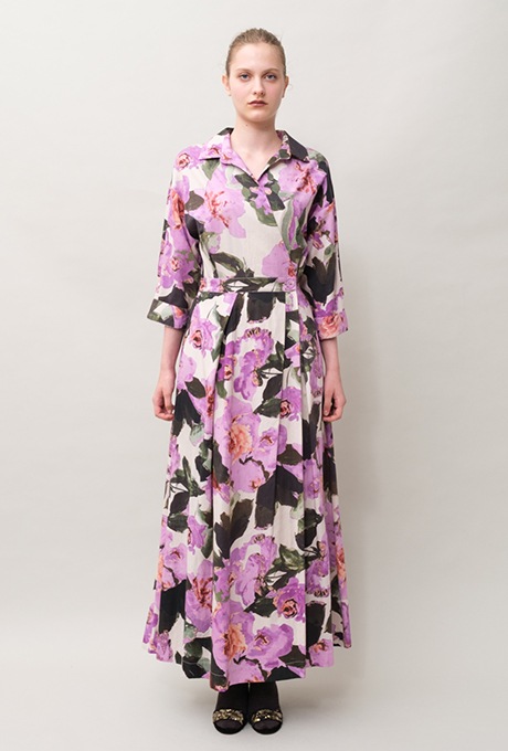 Flower Print Cotton Wrap Long Dress 