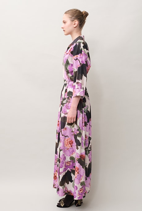 Flower Print Cotton Wrap Long Dress 