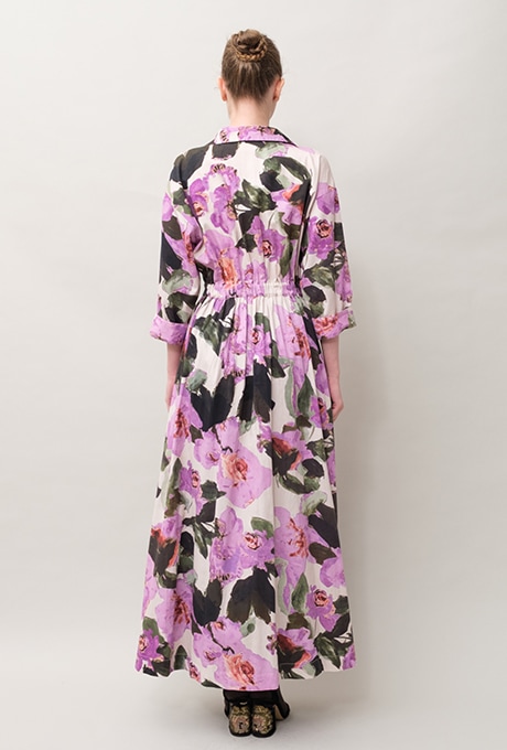 Flower Print Cotton Wrap Long Dress 
