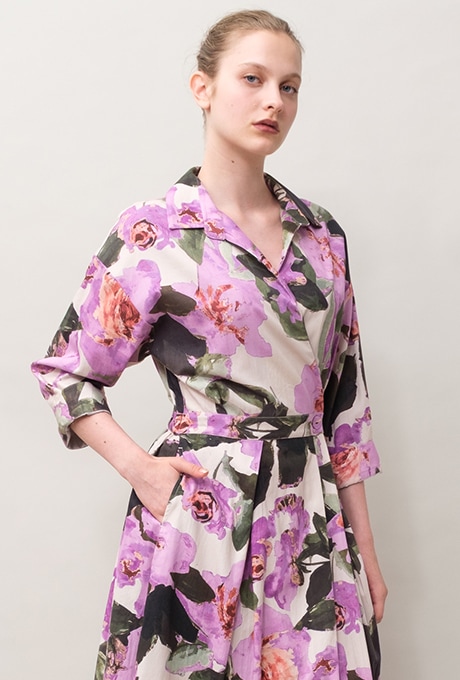 Flower Print Cotton Wrap Long Dress 