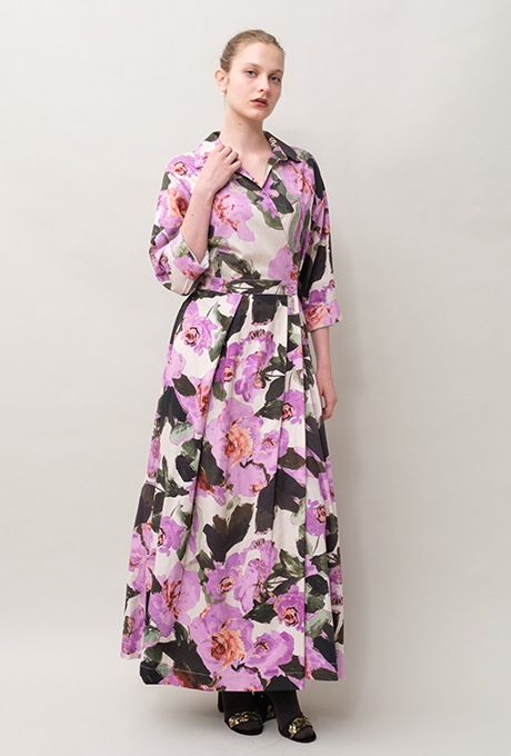 Flower Print Cotton Wrap Long Dress 