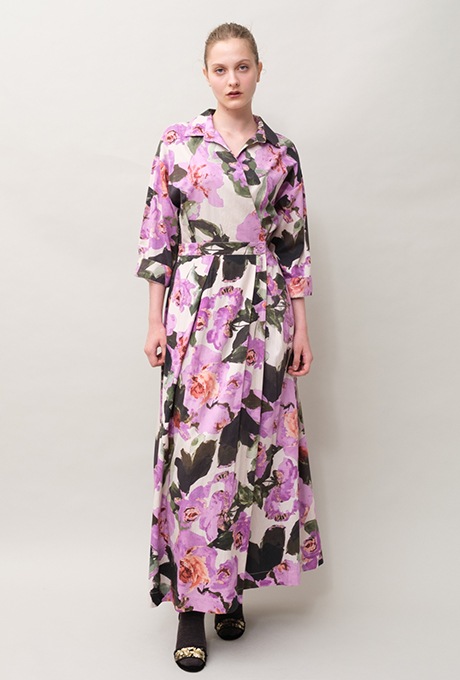 Flower Print Cotton Wrap Long Dress 