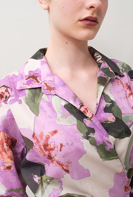 Flower Print Cotton Wrap Long Dress 