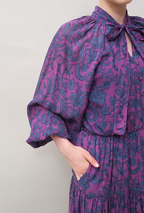 Botanical Print Cotton Rayon Bow Long Dress 