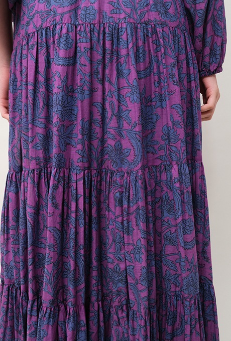 Botanical Print Cotton Rayon Bow Long Dress 