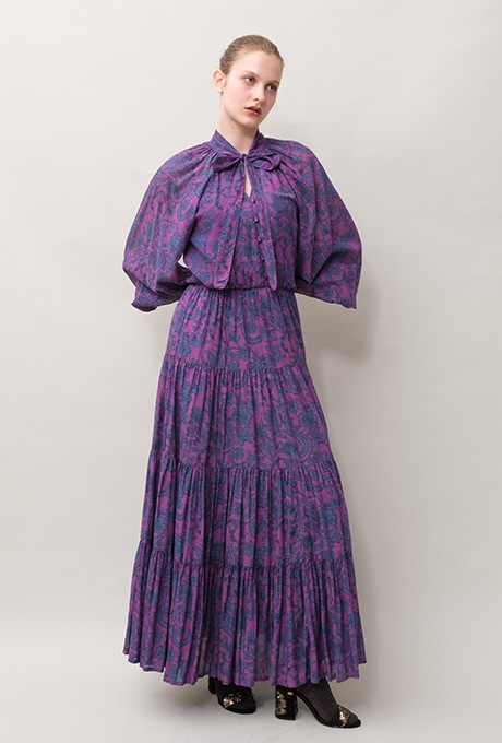 Botanical Print Cotton Rayon Bow Long Dress 