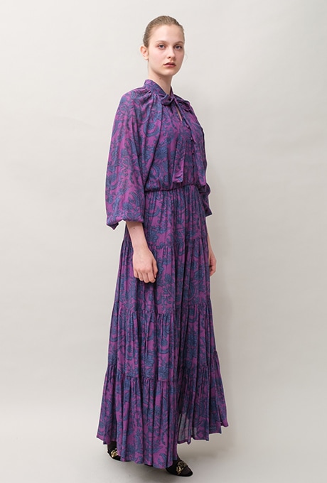 Botanical Print Cotton Rayon Bow Long Dress 