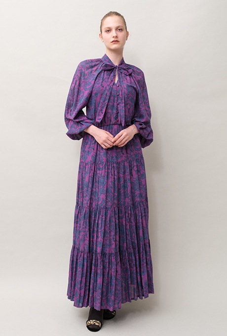 Botanical Print Cotton Rayon Bow Long Dress 