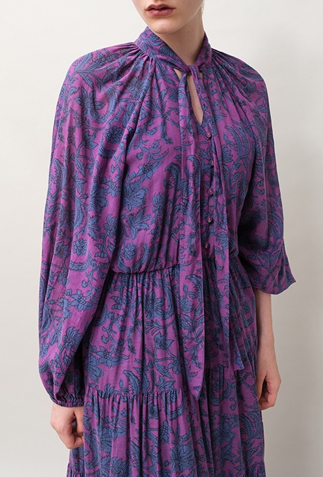 Botanical Print Cotton Rayon Bow Long Dress 