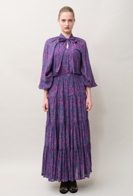 Botanical Print Cotton Rayon Bow Long Dress 