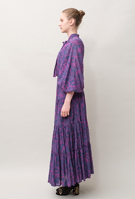 Botanical Print Cotton Rayon Bow Long Dress 